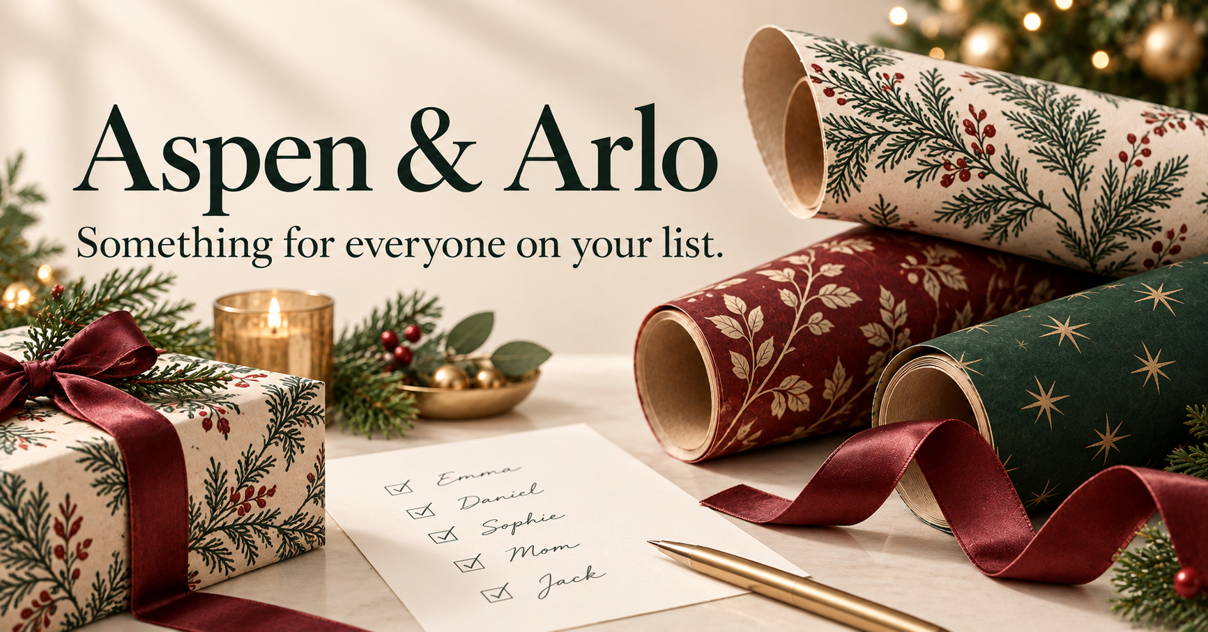 Aspen and Arlo wrapping paper rolls, ribbon and a handwritten gift list